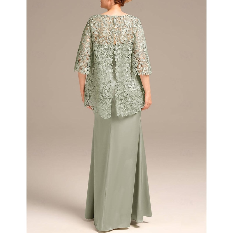 Sheath Mother of the Bride Dress Wedding Guest Elegant Jewel Neck Floor Length Satin Lace Half Sleeve with Embroidery3