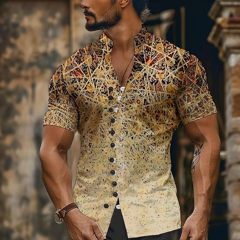 Men's Ombre Geometric Button Up Shirt Printed Shirts Short Sleeve Vintage Resort Outdoor Vacation Daily Wear Summer Standing Collar Print Button-Down Yellow Red
