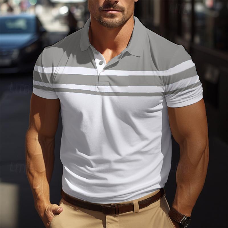 Men's Golf Shirt Golf Polo Work Casual Lapel Short Sleeve Basic Modern Color Block Stripes Button Spring & Summer Regular Fit Black Navy Blue Brown Green Light Blue Grey Golf Shirt4