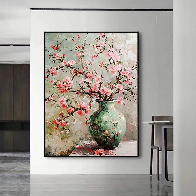 Pure Hand-painted Oil Painting Peach Blossom Floor-standing Sofa Background Wall Decoration Painting Plant Flowers High-end Porch Painting (No Frame)4