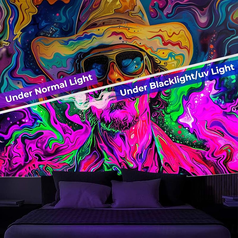Blacklight Tapestry UV Reactive Glow in the Dark Glow Party Neon Western Cow Man Psychedelic Trippy Misty Hanging Tapestry Wall Art Mural for Living Room Bedroom2