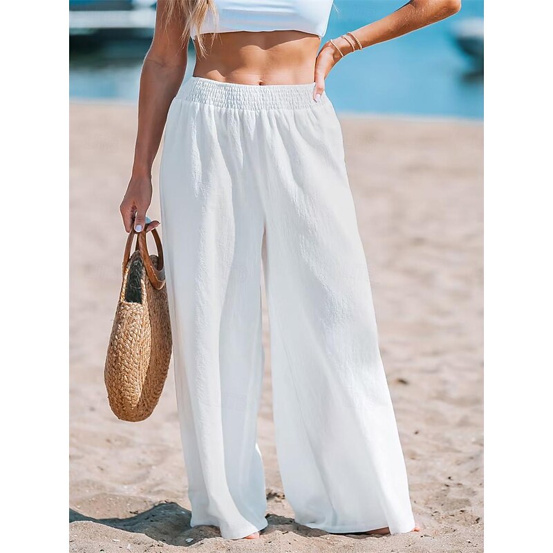 Women's Wide Leg Pants Trousers Streetwear Casual Long High Waist Plain Elastic Waist High Cut Breathability Soft Micro-elastic Vacation Street Daily Wear White Summer Spring Regular Fit4