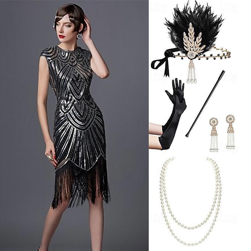 Roaring 20s 1920s Cocktail Dress with Accessories Set Flapper Dress Prom Dress Prom Dresses Party Dress Gatsby Charleston Women's Sequins Wedding Party Wedding Guest Dress4