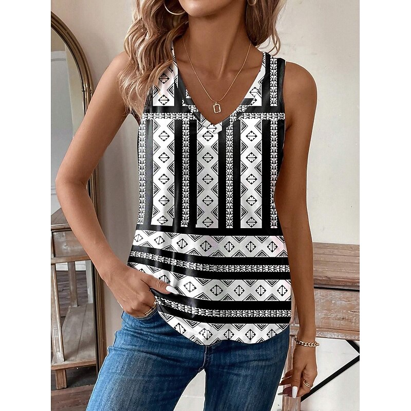 Women's Camisole Tank Top Vest Vintage Ethnic Boho Geometric Print Sleeveless Regular Tops V Neck Vacation Black Summer