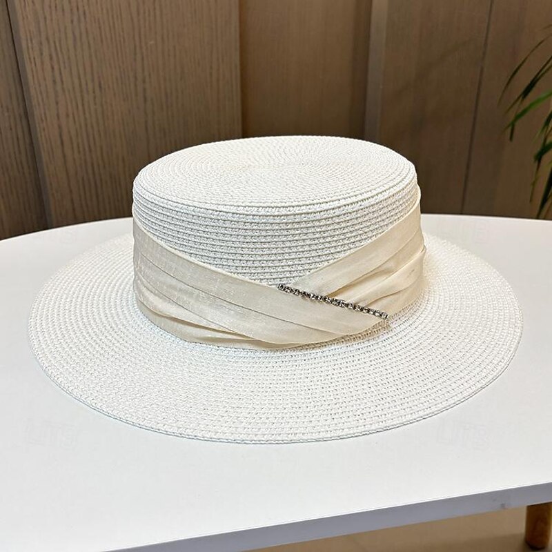 Fascinators Hats Headwear Acrylic / Cotton Straw Straw Hat Sun Hat Holiday Beach Elegant Simple With Bows Crystals Headpiece Headwear3