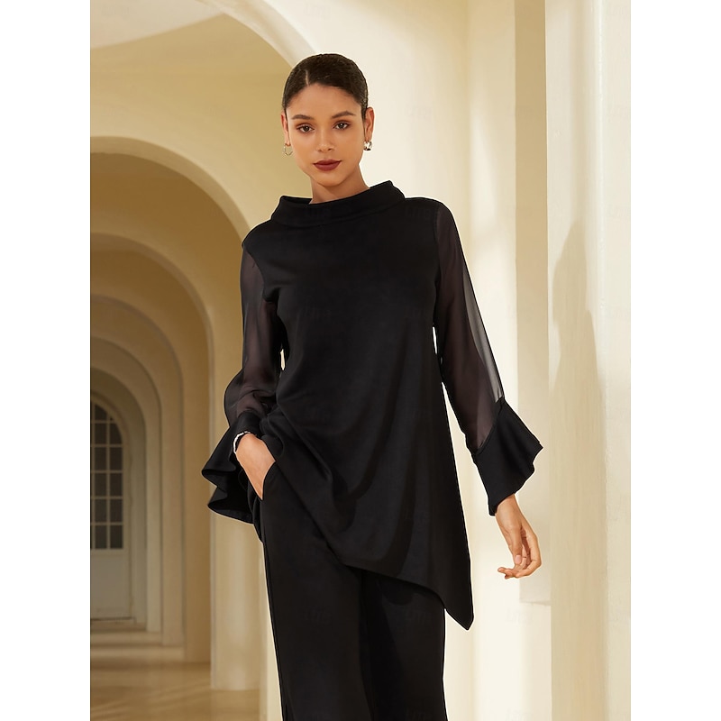 Women's Wedding Guest Party Black High Neck Blouse Chiffon Modal Patchwork Flare Cuff Slim Fit Elastic Elegant Casual Office Wear