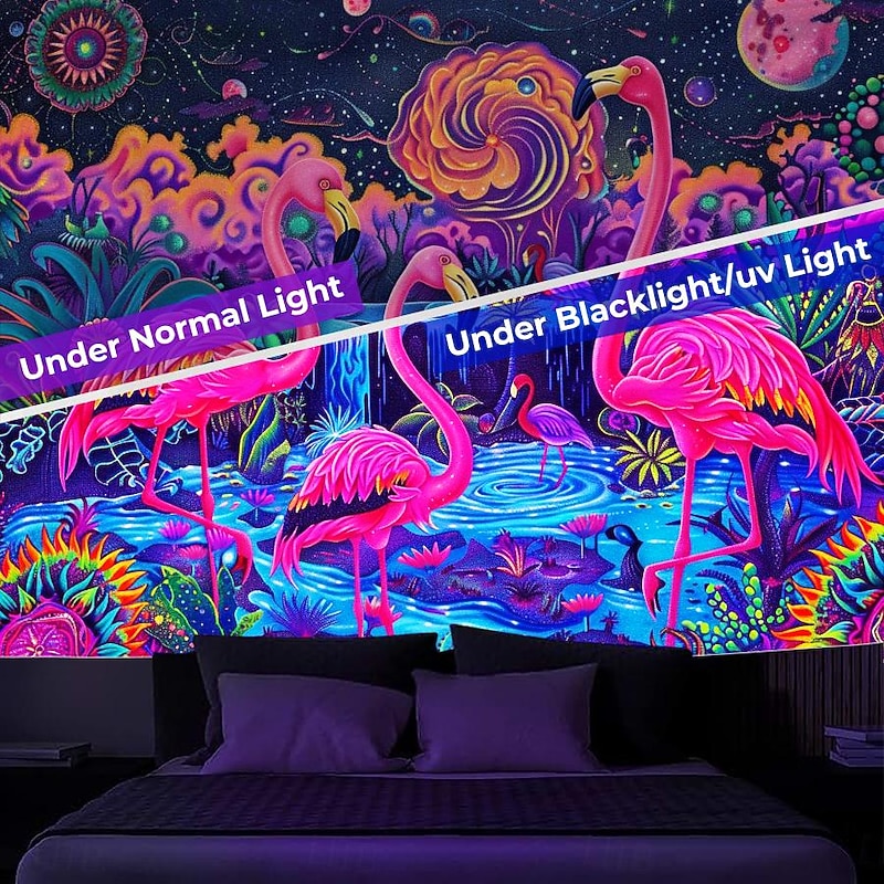 Blacklight Tapestry UV Reactive Glow in the Dark Glow Party Neon Flamingo Animal Psychedelic Trippy Misty Hanging Tapestry Wall Art Mural for Living Room Bedroom3