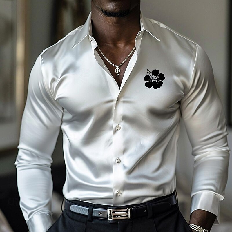 Men's Satin Shirt Dress Shirt Button Up Shirt Vacation Street Violet Black White Apricot Long Sleeve Turndown Fall Spring & Summer Clothing Apparel Button Up2