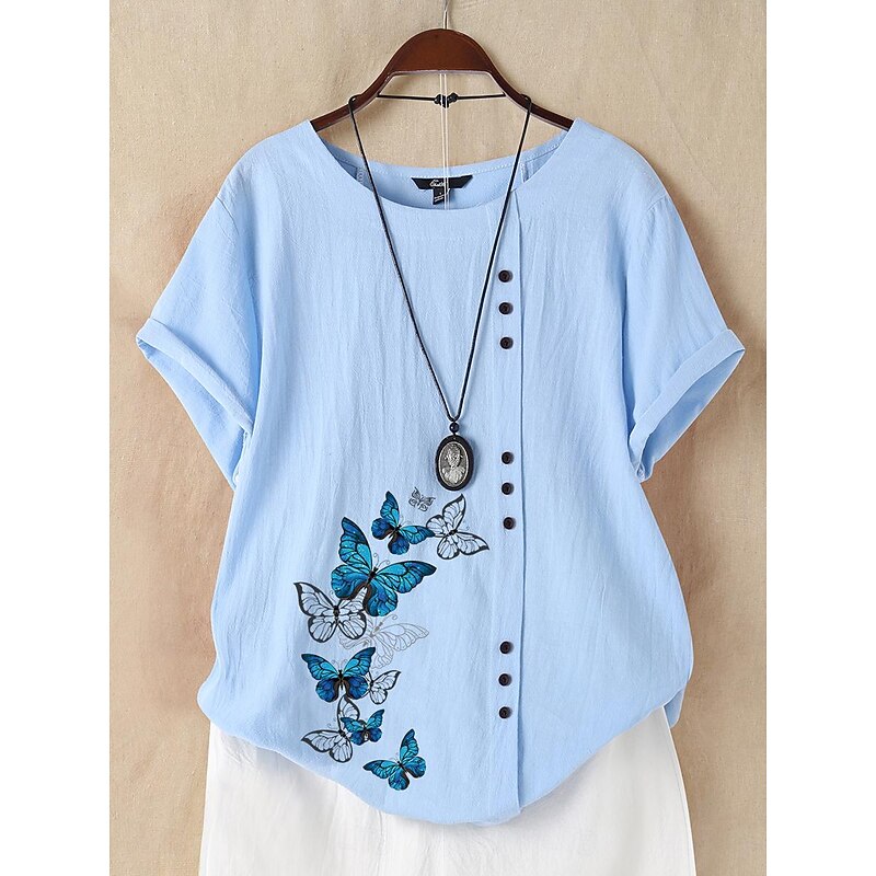 Women's 100% Cotton  Shirt Button Print Daily Linen Like Elegant Short Sleeve Crew Neck White Summer