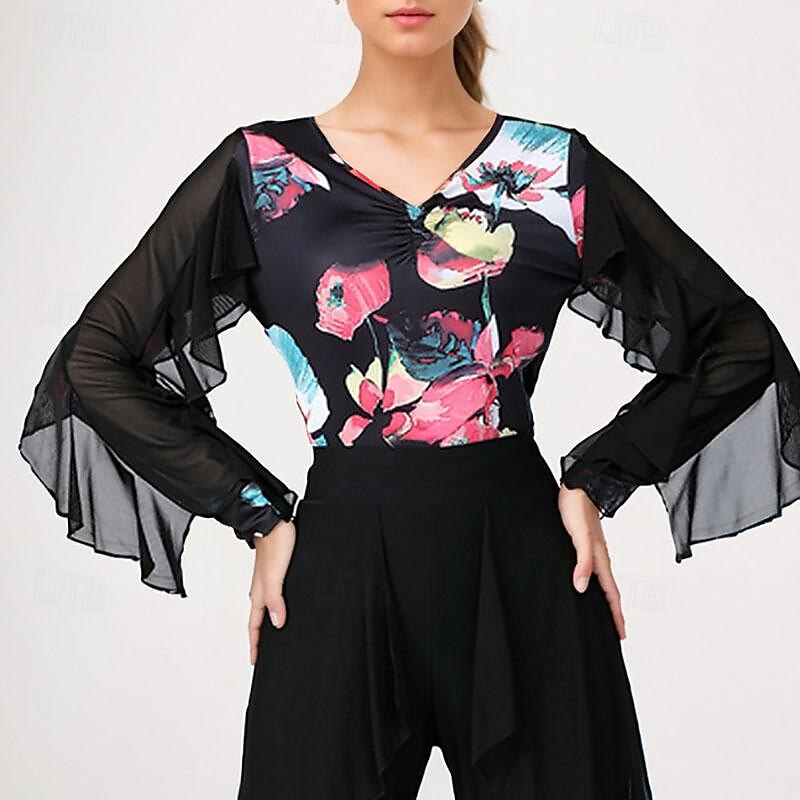 Latin Dance Ballroom Dance Top Printing Splicing Tulle Women's Performance Training Long Sleeve High Polyester3