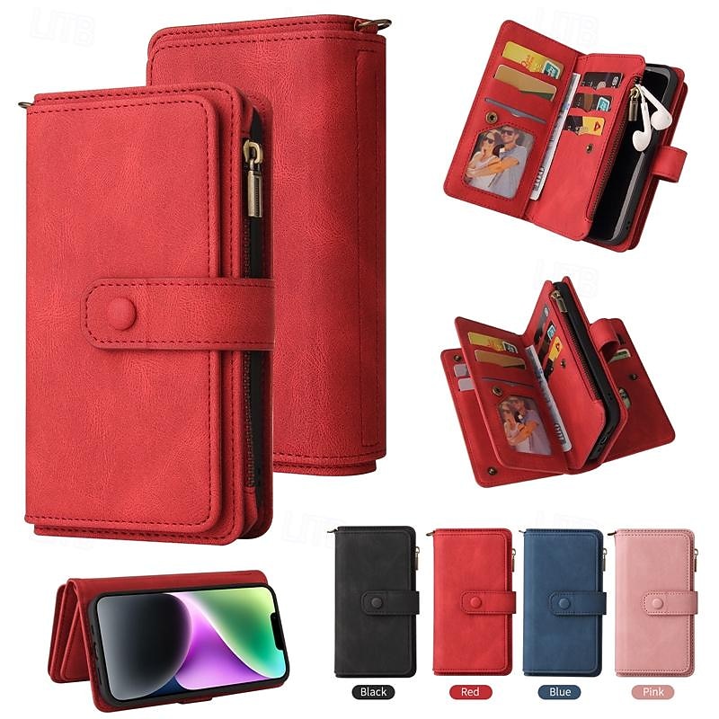 Phone Case For iPhone 17 Pro Max 17 Air 16 15 14 Pro Max Plus 13 12 11 Pro Max Mini Wallet Case Zipper Full Body Protective with Wrist Strap Retro TPU PU Leather