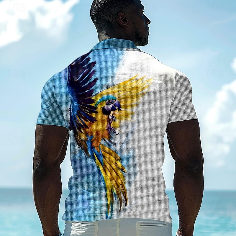 Kentucky Derby Men's Parrot Golf Shirt Short Sleeve Polo Shirts Collared Shirts Casual Beach Wear Vacation Wear Tropical Wear Party Outfits Buttons 3D Print Summer Spring Blue Orange2