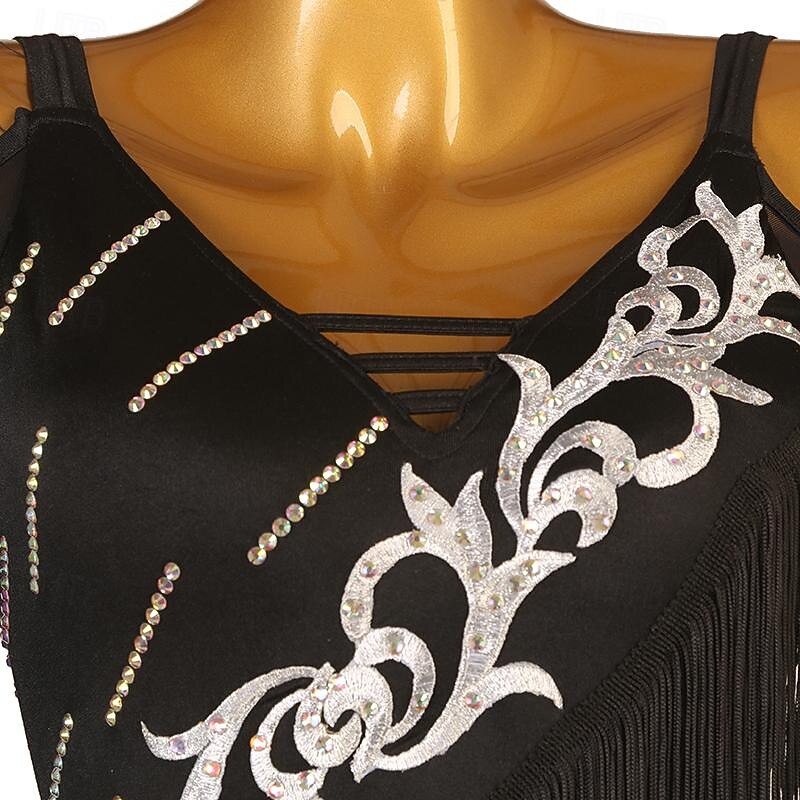 Figure Skating Dress Women's Girls' Ice Skating Dress Black Patchwork Tassel Mesh Spandex High Elasticity Training Practice Professional Skating Wear Classic Crystal / Rhinestone Long Sleeve Ice3