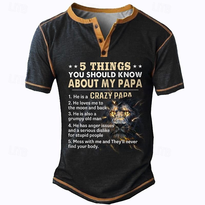 Mens Funny Papa Gift Graphic Tee - '5 Things You Should Know About My Protective Dad' Henley Short Sleeve T-Shirt4