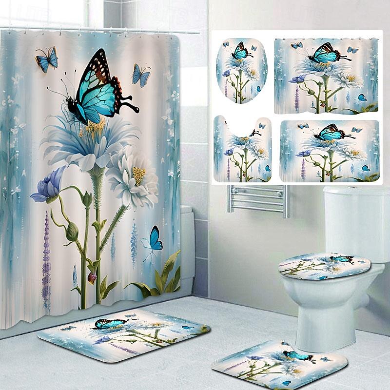 Butterfly Bathroom Deco 4 Pcs Shower Curtain Set 180cm*180cm(70"*70") Bathroom Sets Modern Home Bathroom Decor with Bath Mat U Shape and Toilet Lid Cover Mat 12 Hooks4