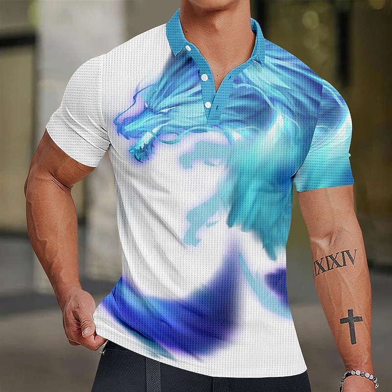 Men's Dragon Golf Shirt Short Sleeve Polo Shirts Collared Shirts Funny Streetwear Vacation Wear Party Outfits Buttons 3D Print Summer Spring White Blue4