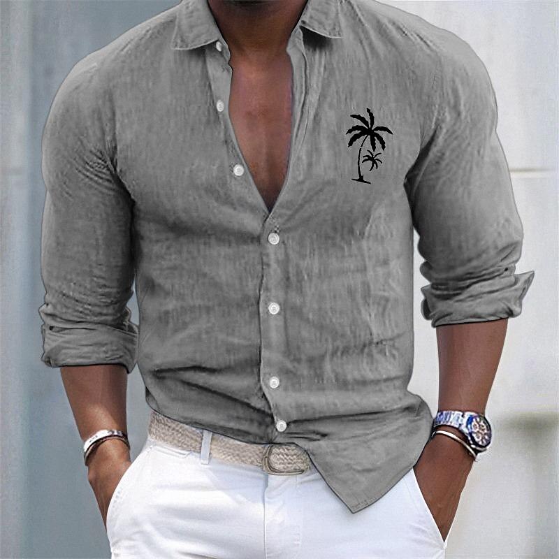 Men's Shirt Linen Shirt Cotton Linen Shirt White Cotton Shirt Minimalist Aloha Shirt Casual Shirt Coconut Tree Vacation Hawaiian Black White Pink Gray Long Sleeve Lapel Spring & Fall Clothing Apparel2