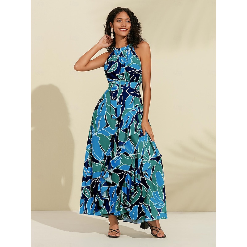 Women's Chiffon Dress Maxi Dress Blue Purple Sleeveless Floral Ruffle Printing Spring & Summer Round Pattern Dress XS S M2