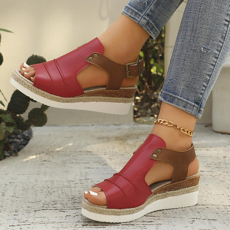 Women's Red and Brown Platform Sandals – Faux Leather Espadrille Wedge Sandals with Buckle Strap for Summer Travel, Beach Outings, and Casual Wear2