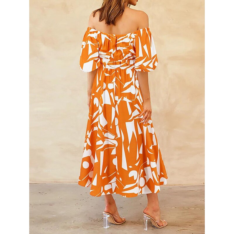 Women's Casual Dress Floral Leaf Backless Print Off Shoulder Puff Sleeve Long Dress Maxi Dress Stylish Casual Daily Date Half Sleeve Summer2