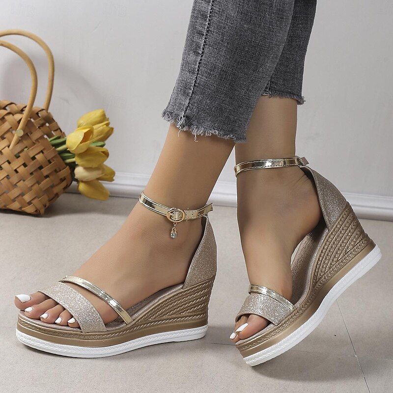 Women's Silver Glitter Wedge Sandals with Ankle Strap – Stylish Platform Heels for Summer, Casual, and Evening Wear4
