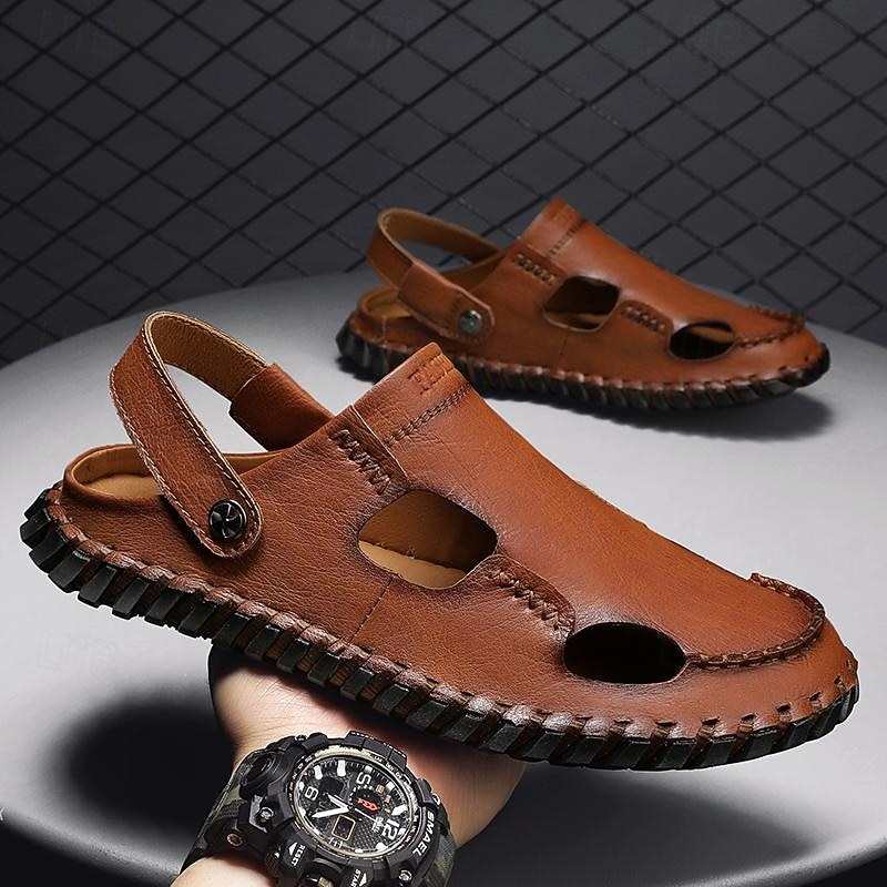 Men's Leather Sandals Flat Sandals Fashion Sandals Handmade Shoes Outdoor Slippers Walking Casual Beach Daily Office & Career Breathable Comfortable Loafer Red Brown Black Khaki