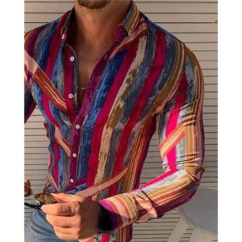 Men's Shirt Summer Shirt Casual Shirt Beach Shirt Button Up Shirt Blue Red Dark Blue Light Blue Long Sleeve Stripes Lapel Vacation Hawaiian Button-Down Clothing Apparel Polyester Fashion Casual3