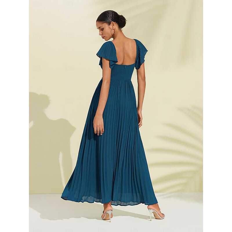 Women's Chiffon Wedding Guest Maxi Dress Elegant Blue Sweetheart Pleated V-Neck Short Sleeve A-Line Formal Evening Dress2