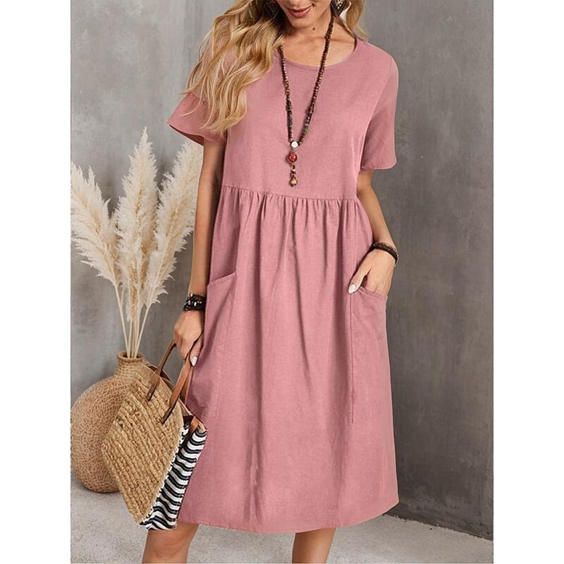 Women's Pink Navy Blue Brown Summer Spring Midi Dress Linen-Inspired Dresses Cotton Linen Dress A Line Dress Casual Daily Weekend Loose Fit Plain Crew Neck