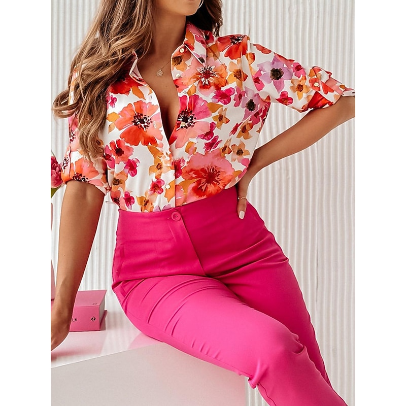 Women's Shirt Blouse Casual Floral Buttons Print Long Sleeve Regular Tops Shirt Collar Vacation Daily White Pink Red Blue Khaki Spring & Summer3