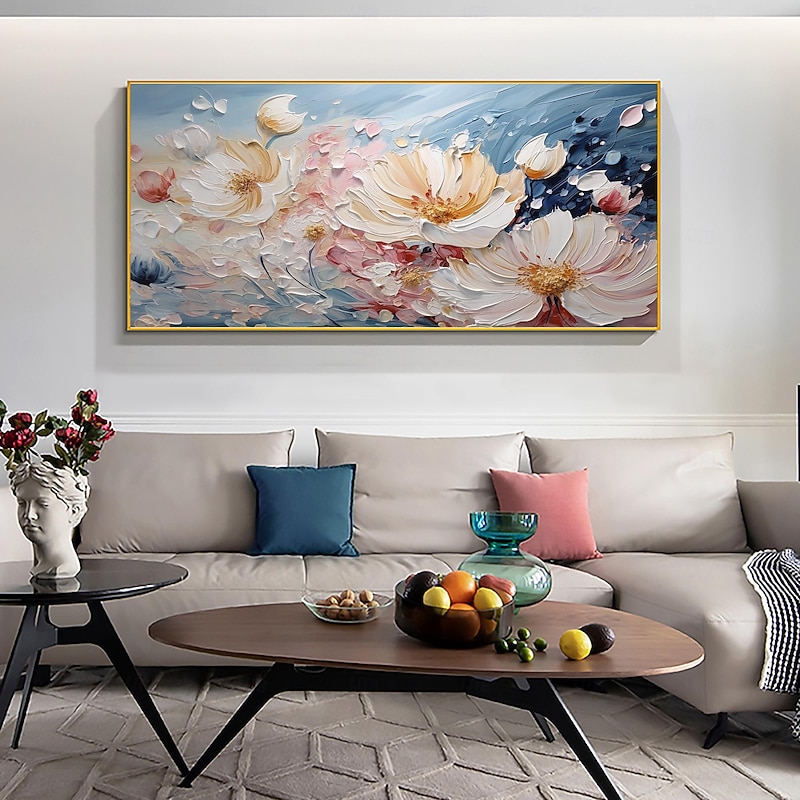 Handmade Original White Flower Oil Painting On Canvas Pink Blossom Wall Art Decor Thick texture Painting for Home Decor With Stretched Frame/Without Inner Frame Painting