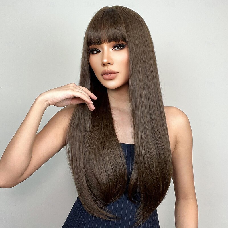 Synthetic Wig Uniforms Career Costumes Princess Straight kinky Straight Layered Haircut With Bangs Machine Made Wig 26 inch Dark Brown Synthetic Hair Women's Cosplay Party Fashion Brown3