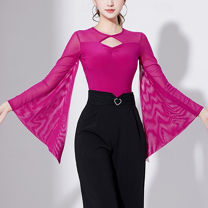 Latin Dance Ballroom Dance Leotard / Onesie Hollow-out Pure Color Splicing Women's Performance Training Long Sleeve High Polyester2