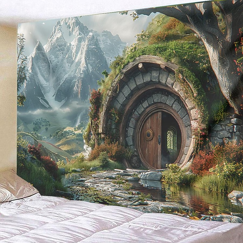 Hobbit Tree Houses Hanging Tapestry Wall Art Large Tapestry Mural Decor Photograph Backdrop Blanket Curtain Home Bedroom Living Room Decoration3