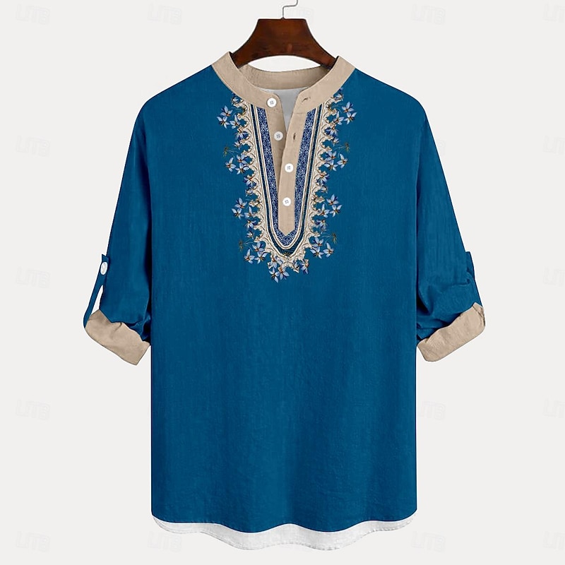 Men's Shirt Linen Shirt Button Up Shirt Long Sleeve Fashion Casual Vacation Causal Casual Summer Spring &  Fall Stand Collar Buttons Print Light Blue Red Blue Green3