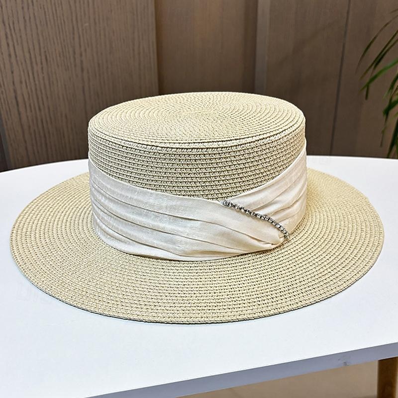 Fascinators Hats Headwear Acrylic / Cotton Straw Straw Hat Sun Hat Holiday Beach Elegant Simple With Bows Crystals Headpiece Headwear2