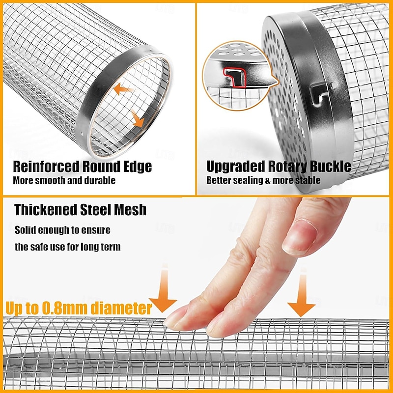 Rolling Grill Basket with Fixed Base Rotatable BBQ Vegetable Grill Basket Stainless Steel BBQ Grilling Mesh Basket for Outdoor Grill Fish Veggies Shrimp Rotisserie Fries Camping Portable BBQ3