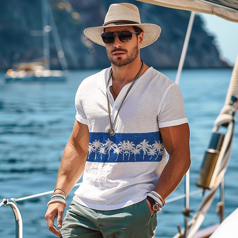 Men's Graphic Henley Shirt Fashion Outdoor Casual Tee Top Street Casual Daily T shirt White Short Sleeve Henley Shirt Spring & Summer Clothing Apparel