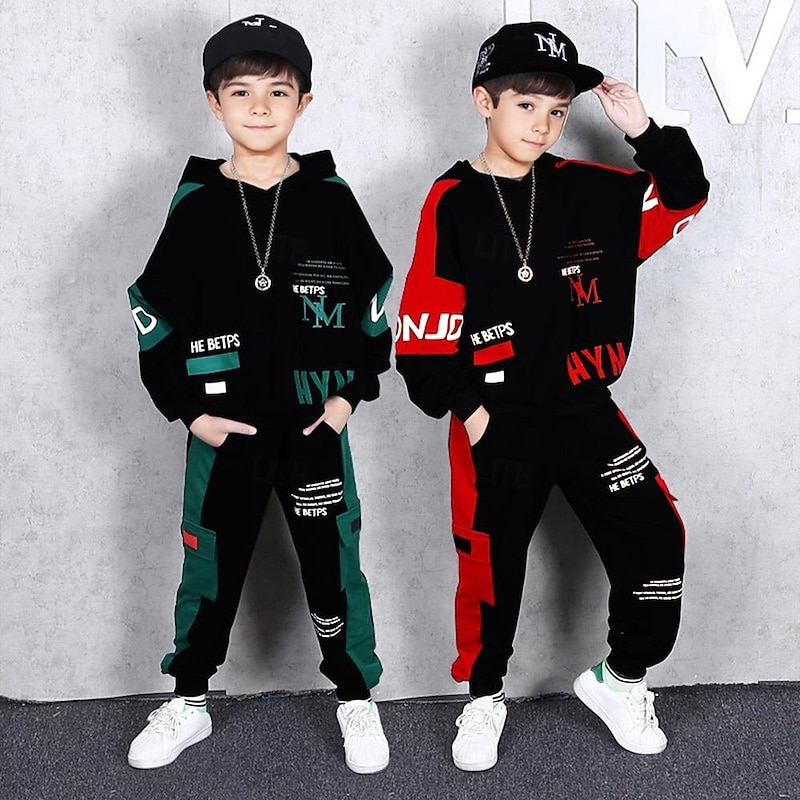 2 Pieces Toddler Boys Hoodie & Sweatpants Set Outfit Letter Long Sleeve Cotton Set Outdoor Fashion Daily Fall Winter 3-7 Years Red Green