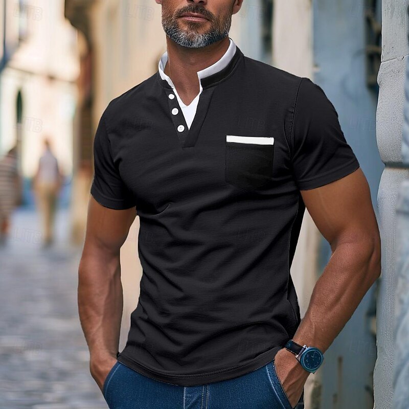 Men's Collarless Golf Shirts Banded Collar Shirt Street Casual Notched V Neck Short Sleeve Fashion Basic Plain Button Summer Regular Fit Black White Navy Blue Gray Collarless Golf Shirts - Main Image