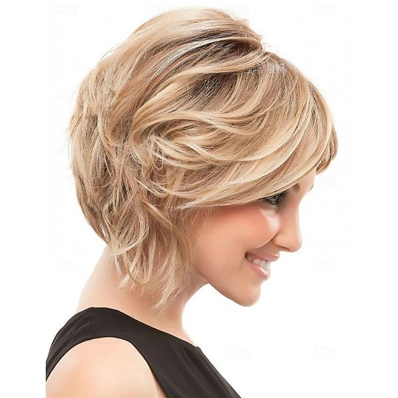 Short Ombre Blonde Wavy Bob Wigs for White Women Chin Length Blonde Highlight Bob Wig with Brown Roots Natural Looking Synthetic Daily Party Wig2