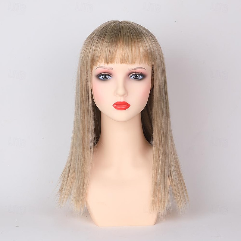 Smooth Straight Long Wig with Blunt Bangs and Razor-Finished Tips/Multi-tonal Shades of Blonde Silver Brown and Red2