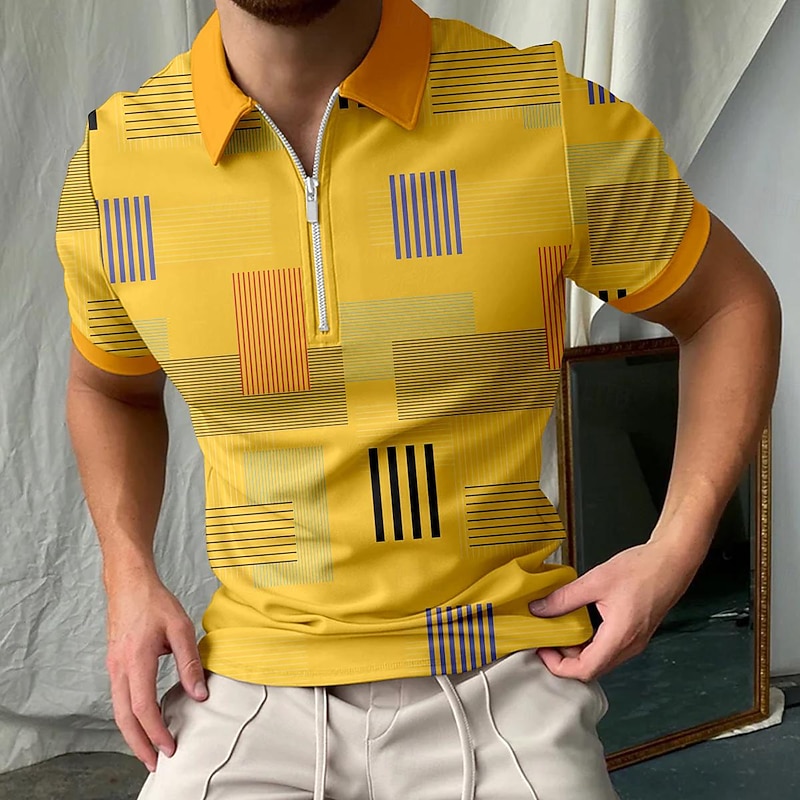Men's Plaid Zip Polo Shirts Golf Shirt Short Sleeve Polo Shirts Collared Shirts Vintage Casual Vacation Wear Formal Wear Festival Wear 3D Print Quarter Zip Polo Summer Yellow+Orange Yellow4
