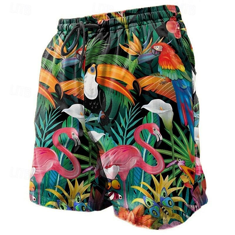 Men's Flamingo Coconut Tree Floral Print Swim Trunks Swim Shorts Board Shorts Mid Waist Fashion Streetwear Designer Casual Daily Holiday Pocket Drawstring Elastic Waist Designer Clothing Apparel
