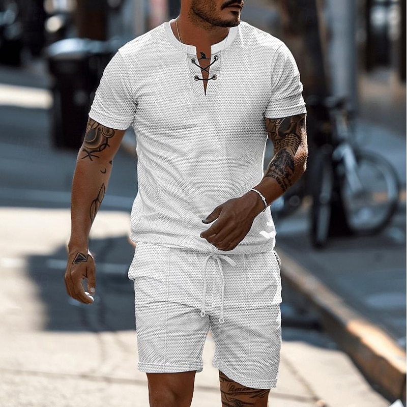 Men's 2 Piece Waffle Henley Shirt T-shirt Suits Tracksuit Short Sleeve Short Sleeves Short Pant Henley Summer Solid Color Drawing Gymnatics Casual 2 Piece Vacation Daily Wear Activewear Black White