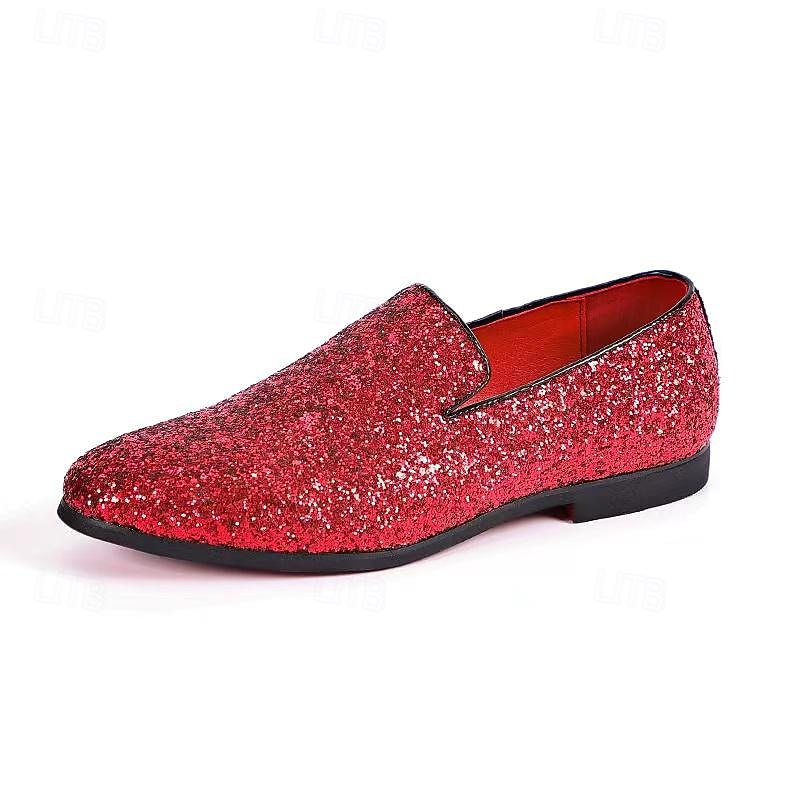 Men's Red Glitter Slip - On Loafers, All - Over Sparkly Party Dress Shoes, Eye - Catching for Weddings Proms