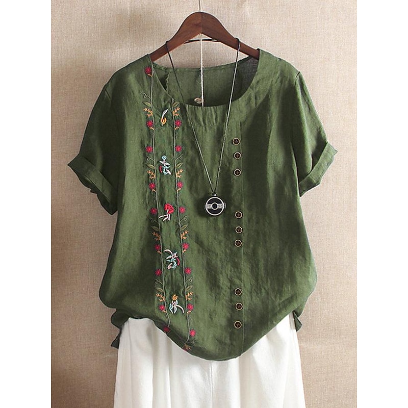 Women's Shirt Linen-Inspired Shirts Blouse Floral Casual Short Sleeve Crew Neck Regular Tops Vacation Daily Embroidered Green Summer