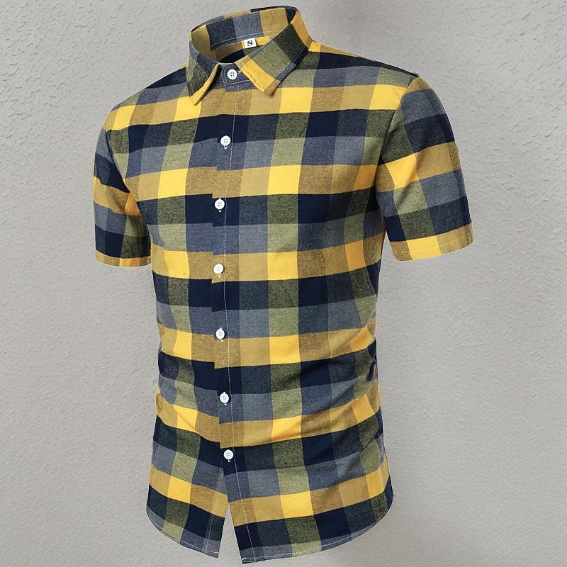 Men's Shirt Dress Shirt Button Up Shirt Plaid Wedding Party Yellow Short Sleeve Lapel Summer Clothing Apparel