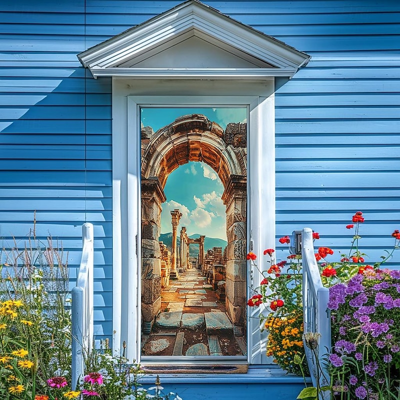 Beach Castle Door Covers Mural Decor Door Tapestry Door Curtain Decoration Backdrop Door Banner Removable for Front Door Indoor Outdoor Home Room Decoration Farmhouse Decor Supplies3