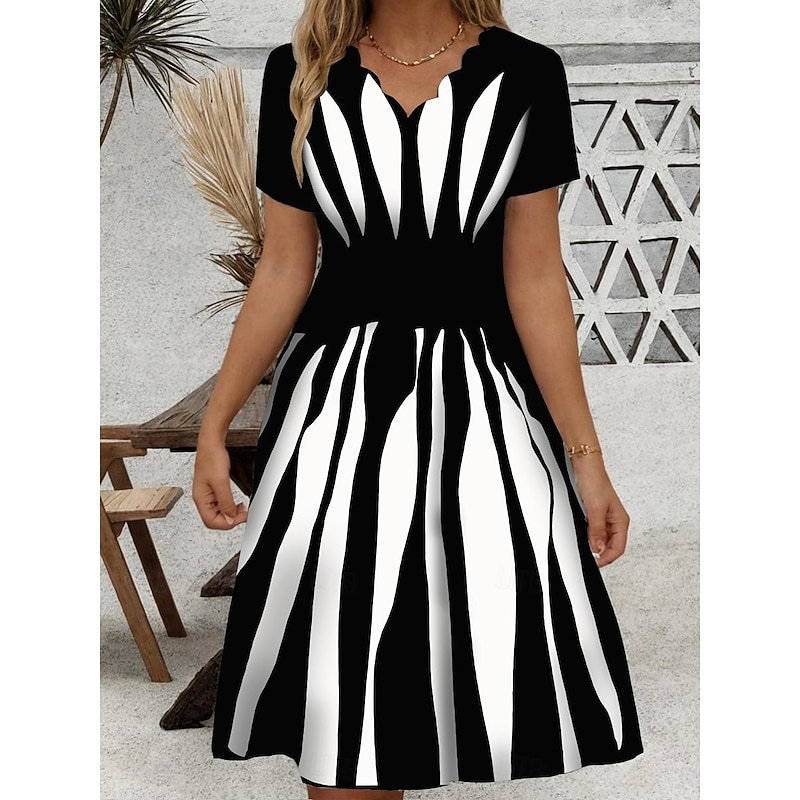 Women's Mini Dress Casual Dress Petite Dress Sundress A Line Dress Vintage Stylish Casual Vacation Home Party Loose Fit Geometric Stripe Short Sleeve Sweetheart Black And White Summer